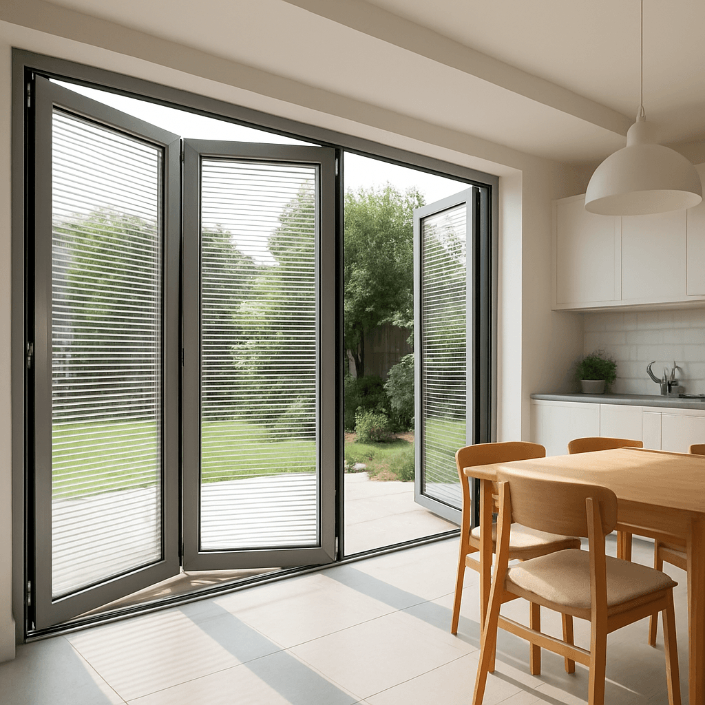 Kitchen bifold doors with integral blinds sealed inside the glass for daylight control