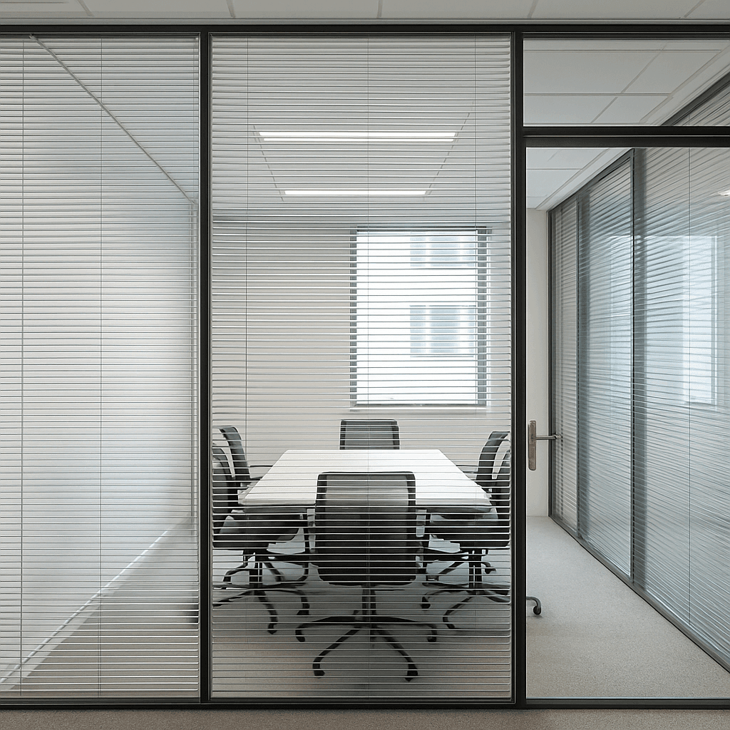 Integrated blinds in a commercial office glass partition