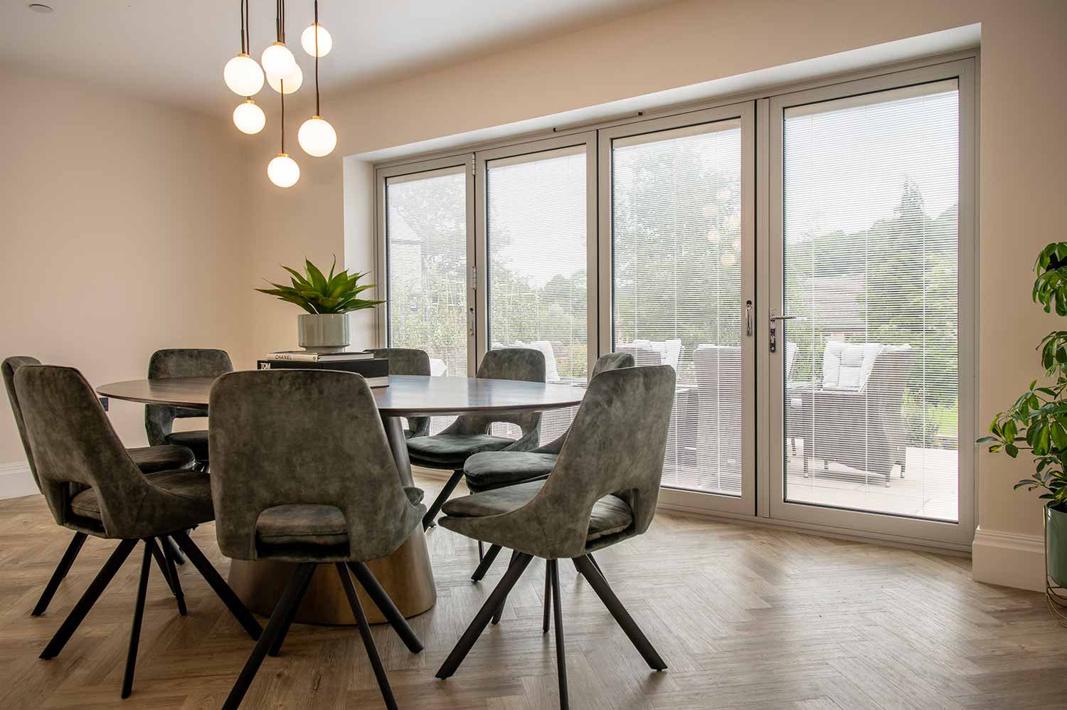 Blinds in Glass in Hatfield: integral blinds in grey dining-room bifold doors