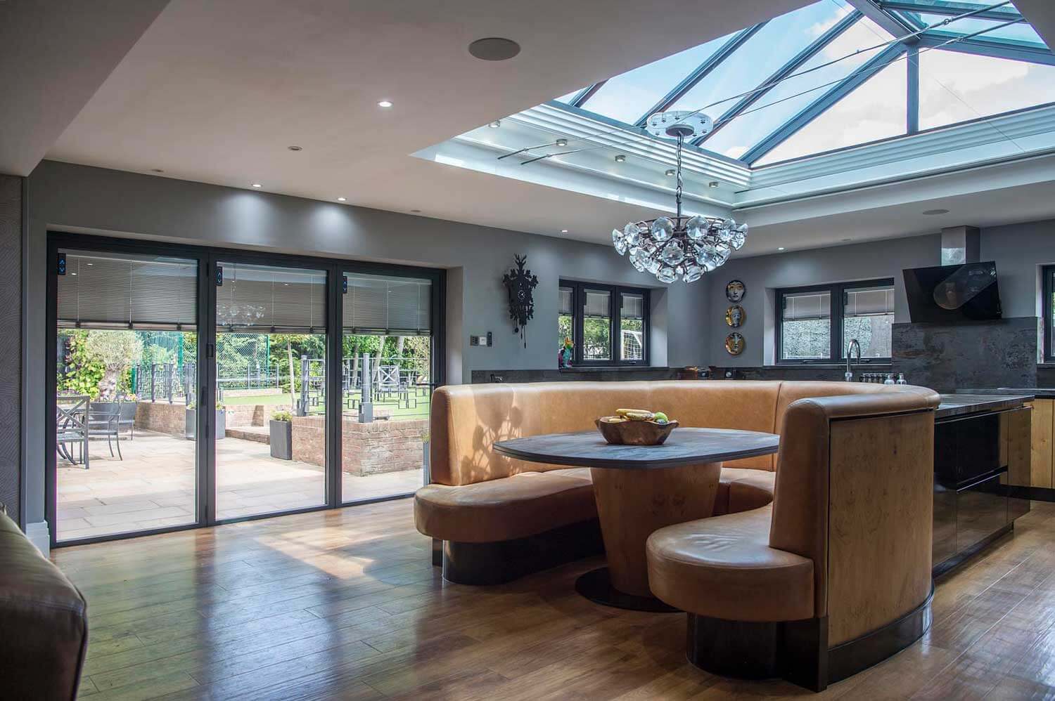 Blinds in Glass in Hatfield: integral blinds in a kitchen diner with a lantern roof