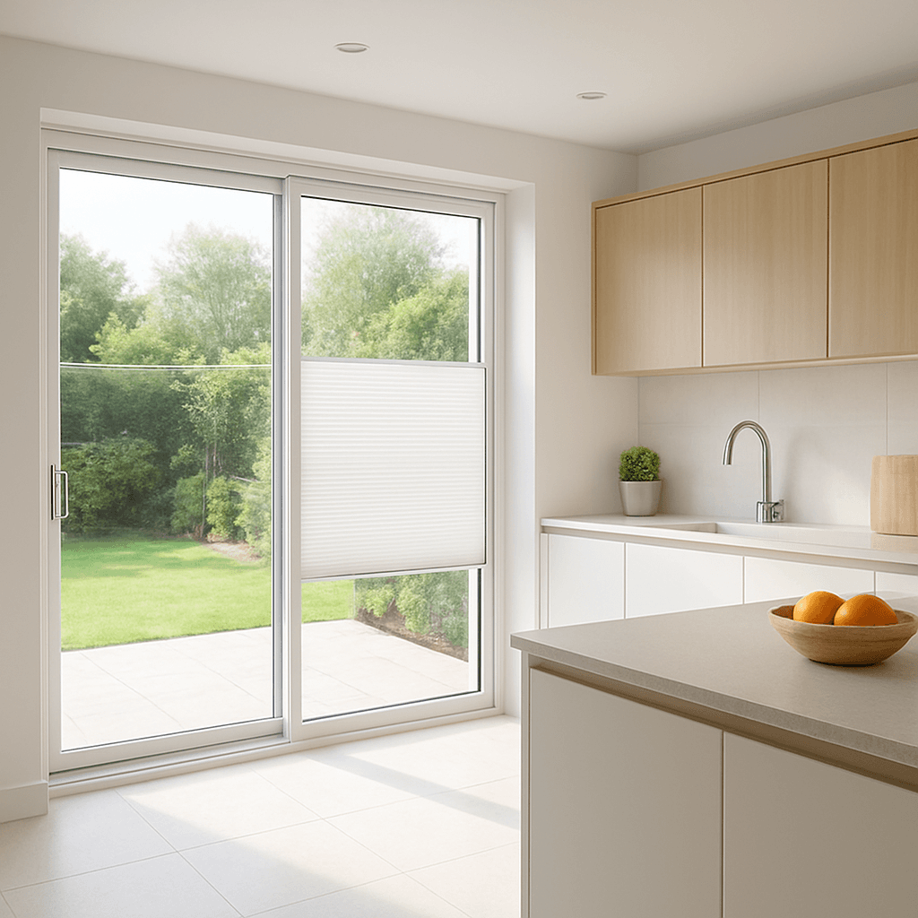 Kitchen glazing with integral blinds ready for final operation checks.