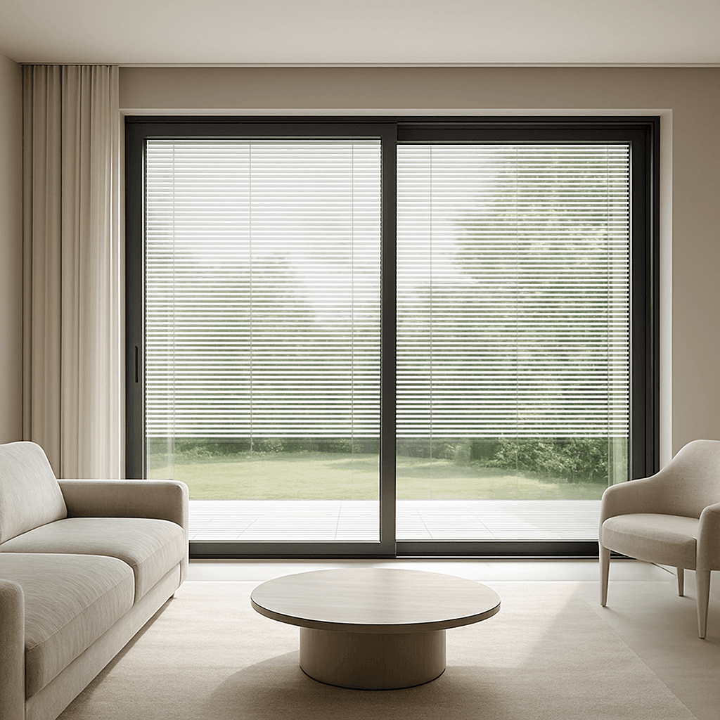 Slimline blinds integrated into large sliding patio doors